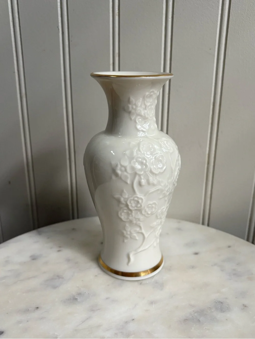 Vintage Lenox Ming Blossom Ivory Porcelain Bud Vase Embossed Floral 24k Gold VTG